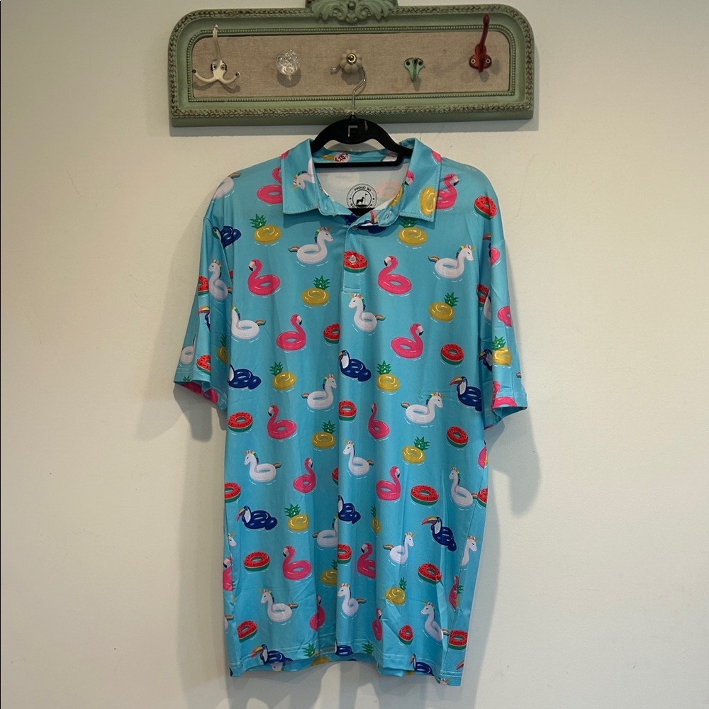 Proud 90 Men's Aqua Flamingo & Float Print Golf is fun Polo Shirt men’s xl